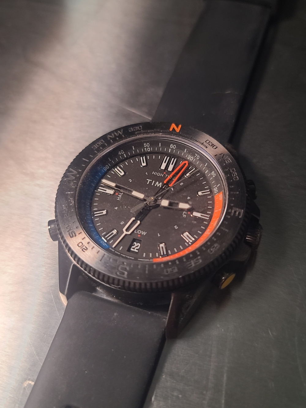 Timex Black Sport Watch with Orange and Blue Dial Accents